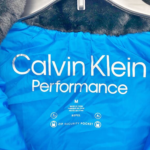 CALVIN KLEIN PERFORMANCE Puffer Coat Medium Blue Black Hooded Mixed-Media NWT - Picture 5 of 11